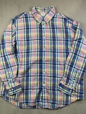 Brooks Brothers Mens Shirt 2XL Pink Blue Plaid Button Up Long Sleeve Irish Linen